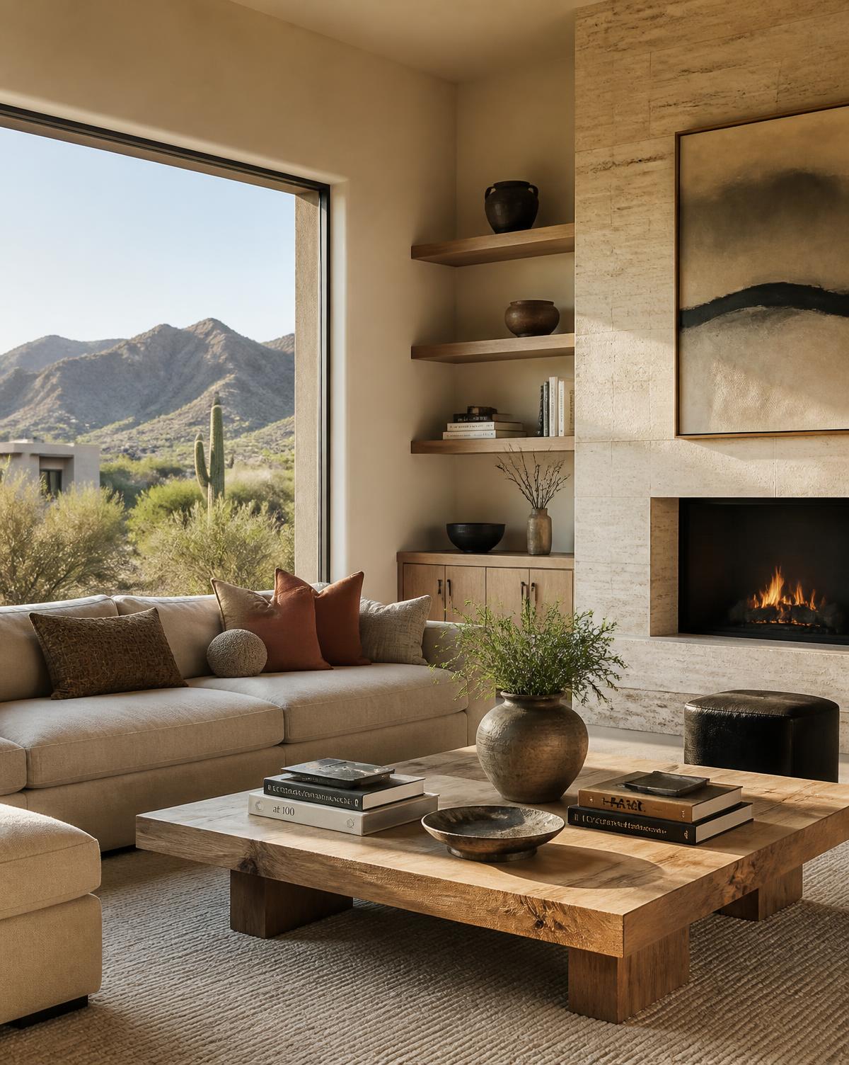 Luxury desert-modern living room with travertine fireplace and mountain views