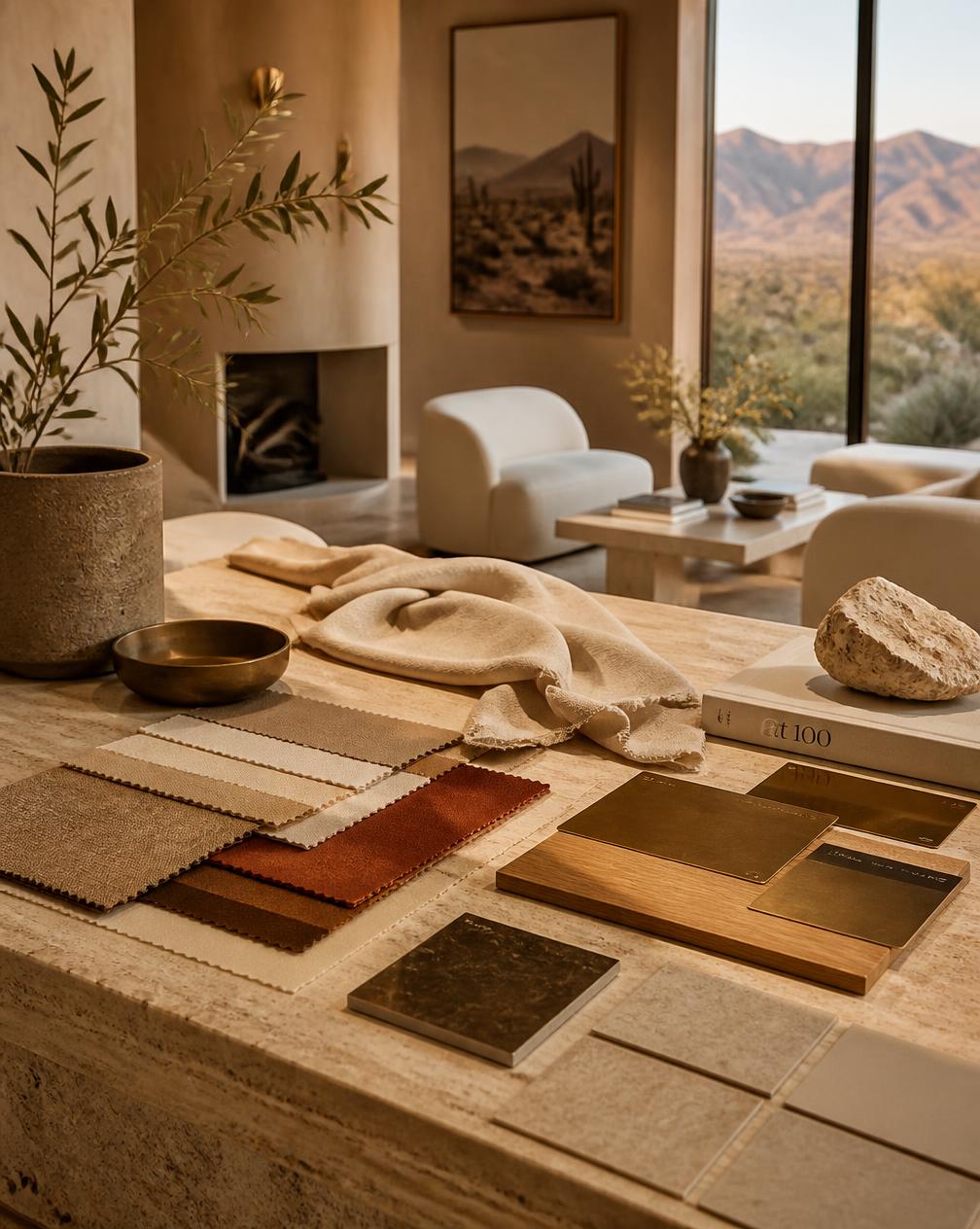 Warm desert-modern interior design studio with travertine surfaces, fabric swatches, and Arizona mountain views
