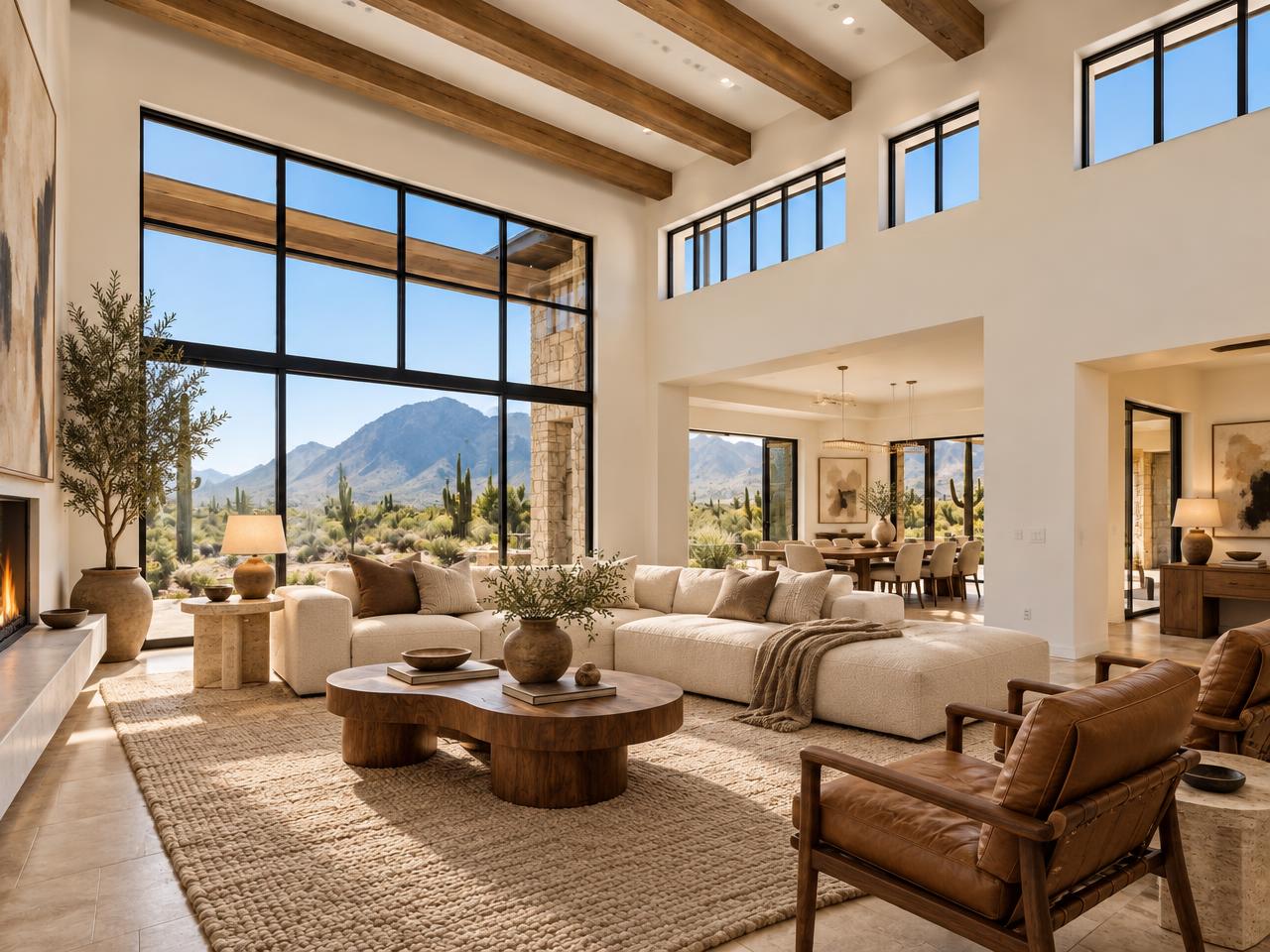 Furnished Cave Creek great room with cream sectional, walnut coffee table, and mountain views