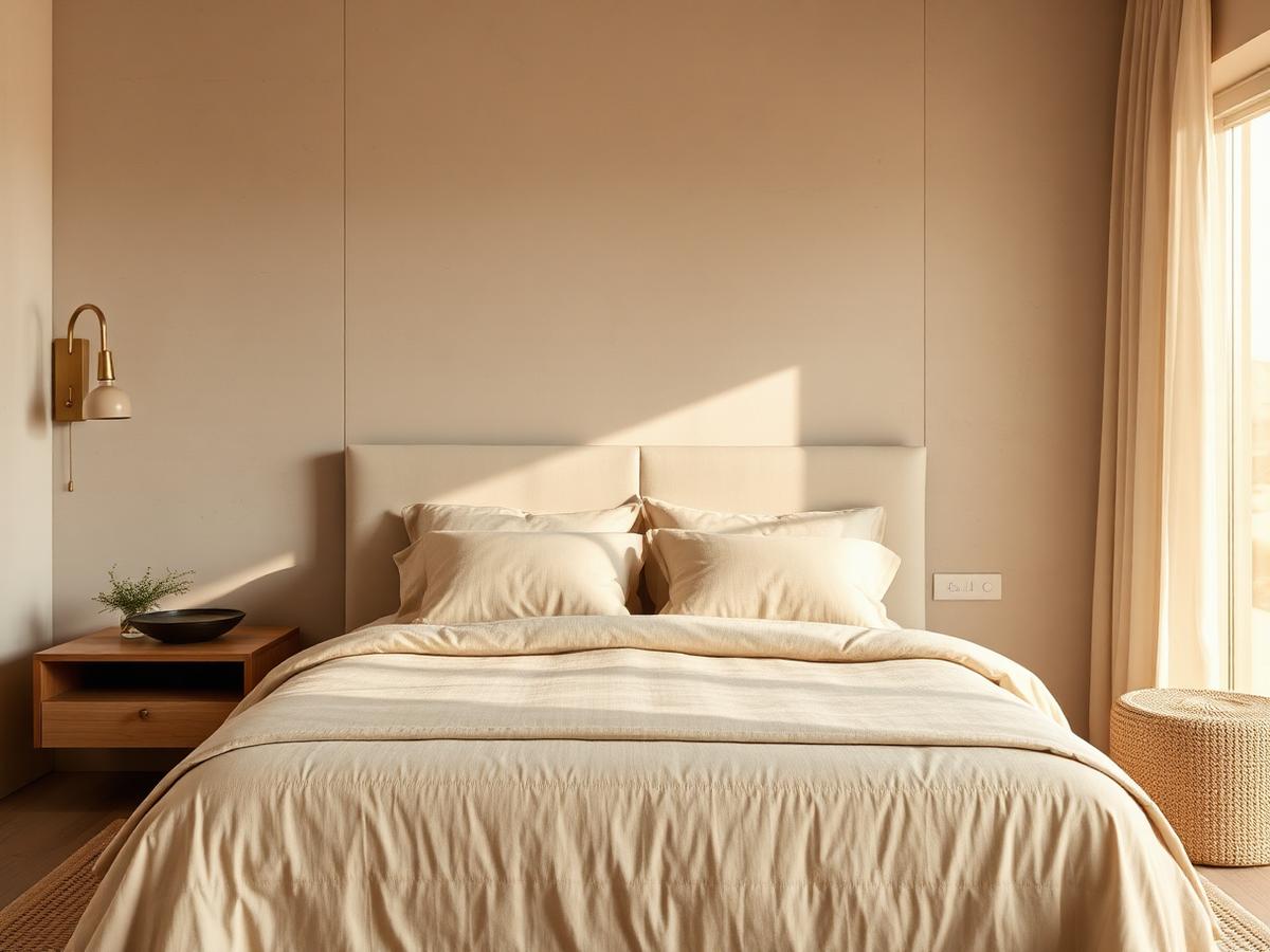 Calm primary bedroom in warm plaster and linen tones in a Cave Creek home