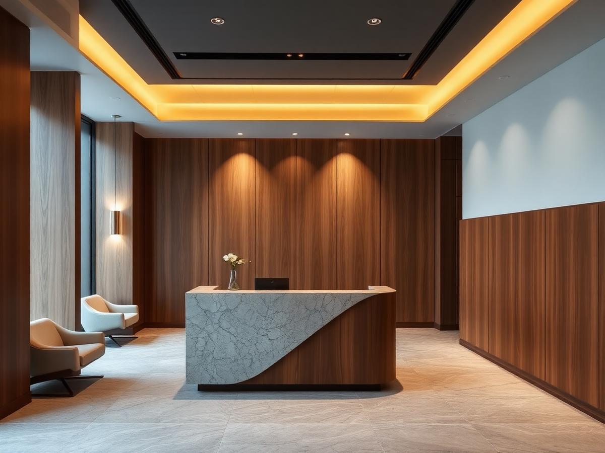 Warm walnut and stone reception area in a boutique Scottsdale commercial interior