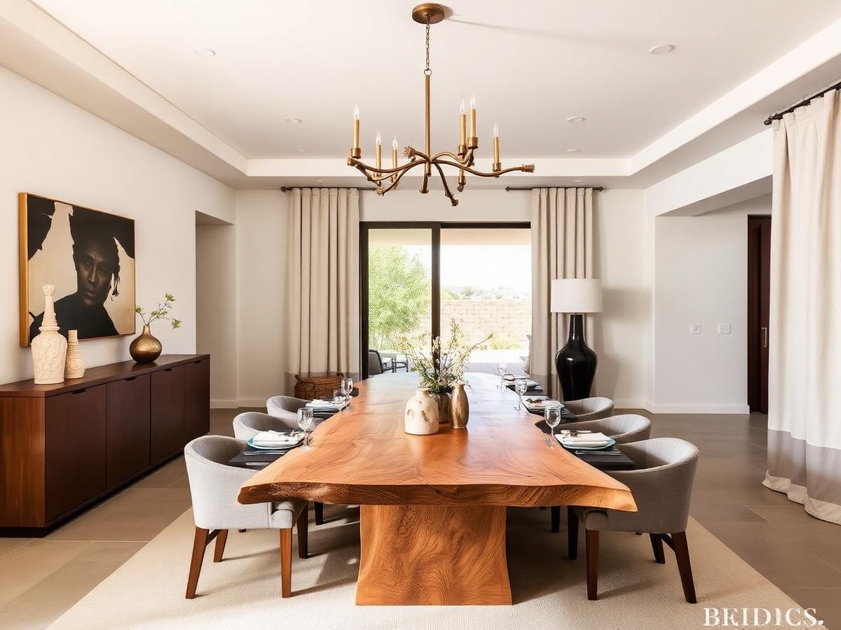 Fully decorated dining room with live-edge oak table and bronze chandelier in a Scottsdale home