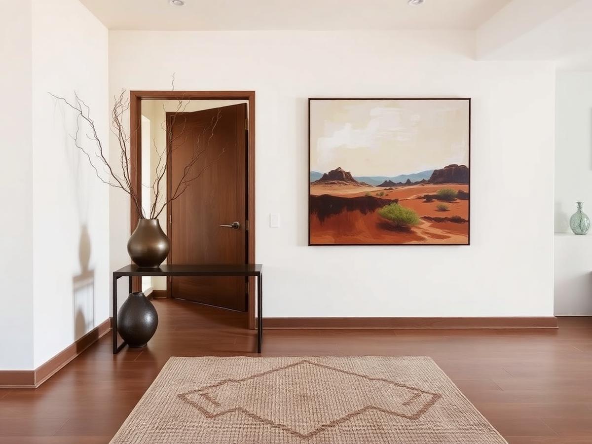 Warm entryway with bronze console table and desert landscape artwork in a Scottsdale home
