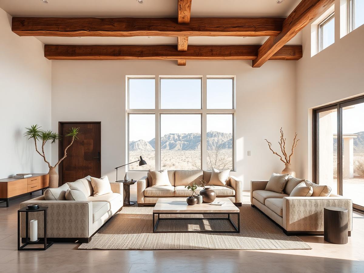 Luxury desert modern living room with sand-toned seating and mountain views in a Scottsdale home
