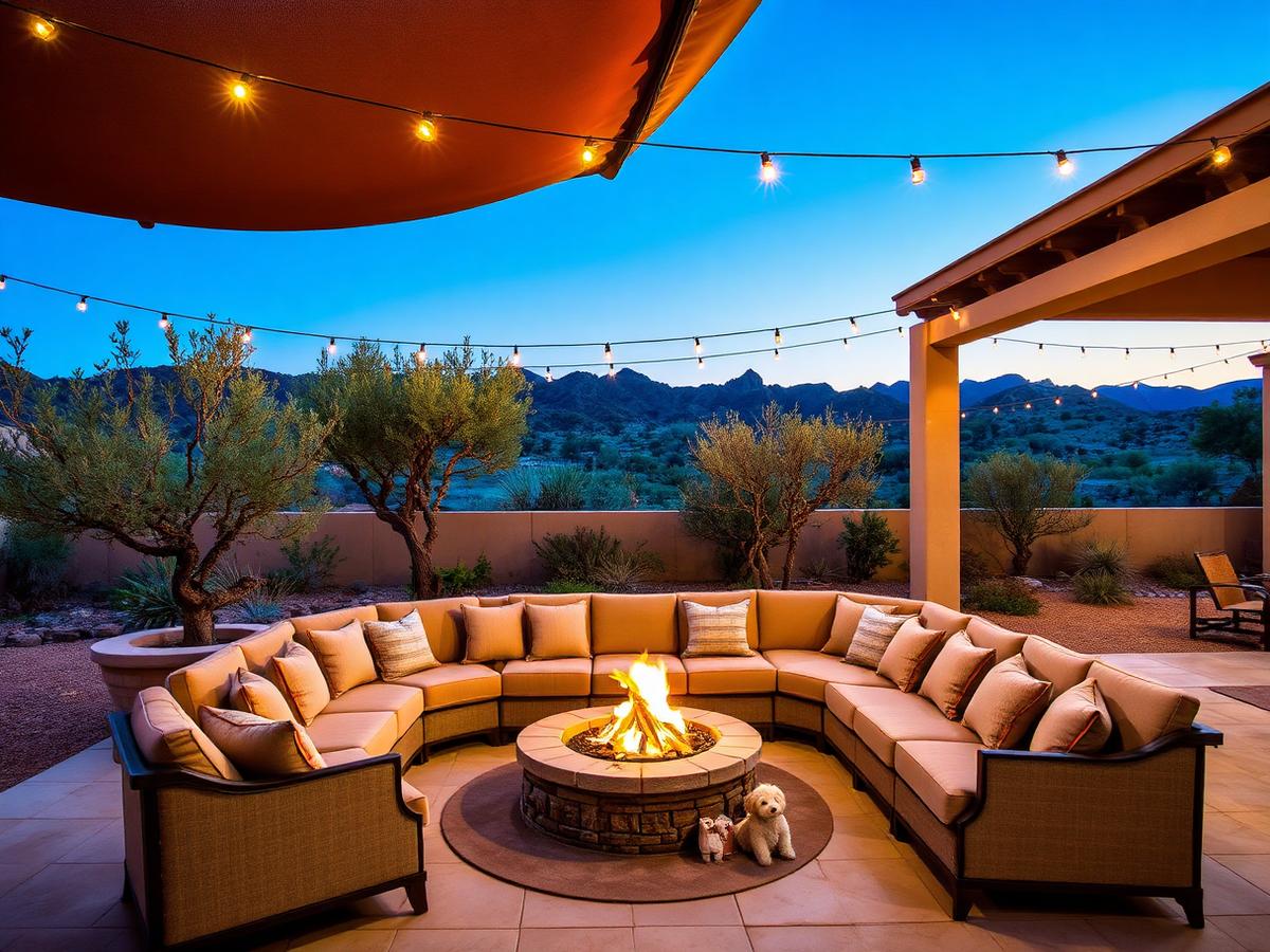 Furnished Arizona patio with sectional seating, fire pit, and mountain views at dusk